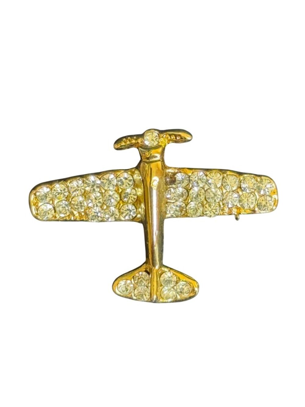 Gold-Tone Airplane Brooch Clear Rhinestones Vintage-Inspired Pin-Back Closure